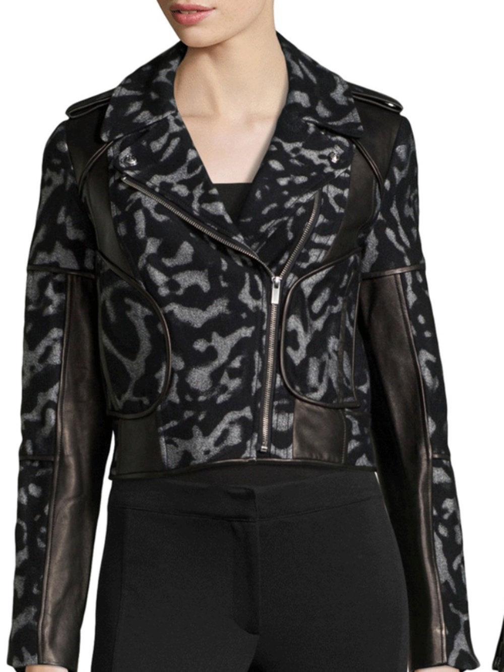 DVF Theodora Leather Wool Animal Print Moto Jacket - US 4